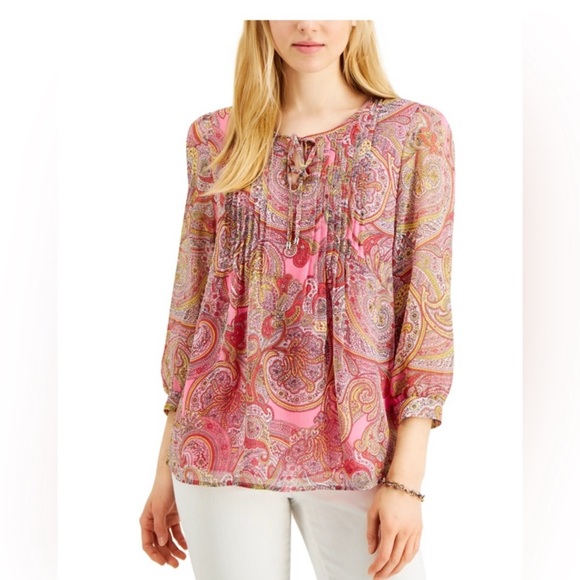 NWT Tommy Hilfiger Pink Paisley Blouse With PinTuck Pleats Women’s Size Medium - Picture 1 of 9
